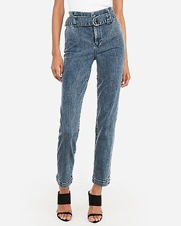 high waisted belted ruffle denim trouser | Express