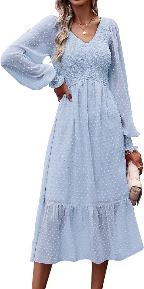 PRETTYGARDEN Women's Fall Dresses 2023 Long Sleeve V Neck Swiss Dot Empire Waist Chiffon Dress Ru... | Amazon (US)