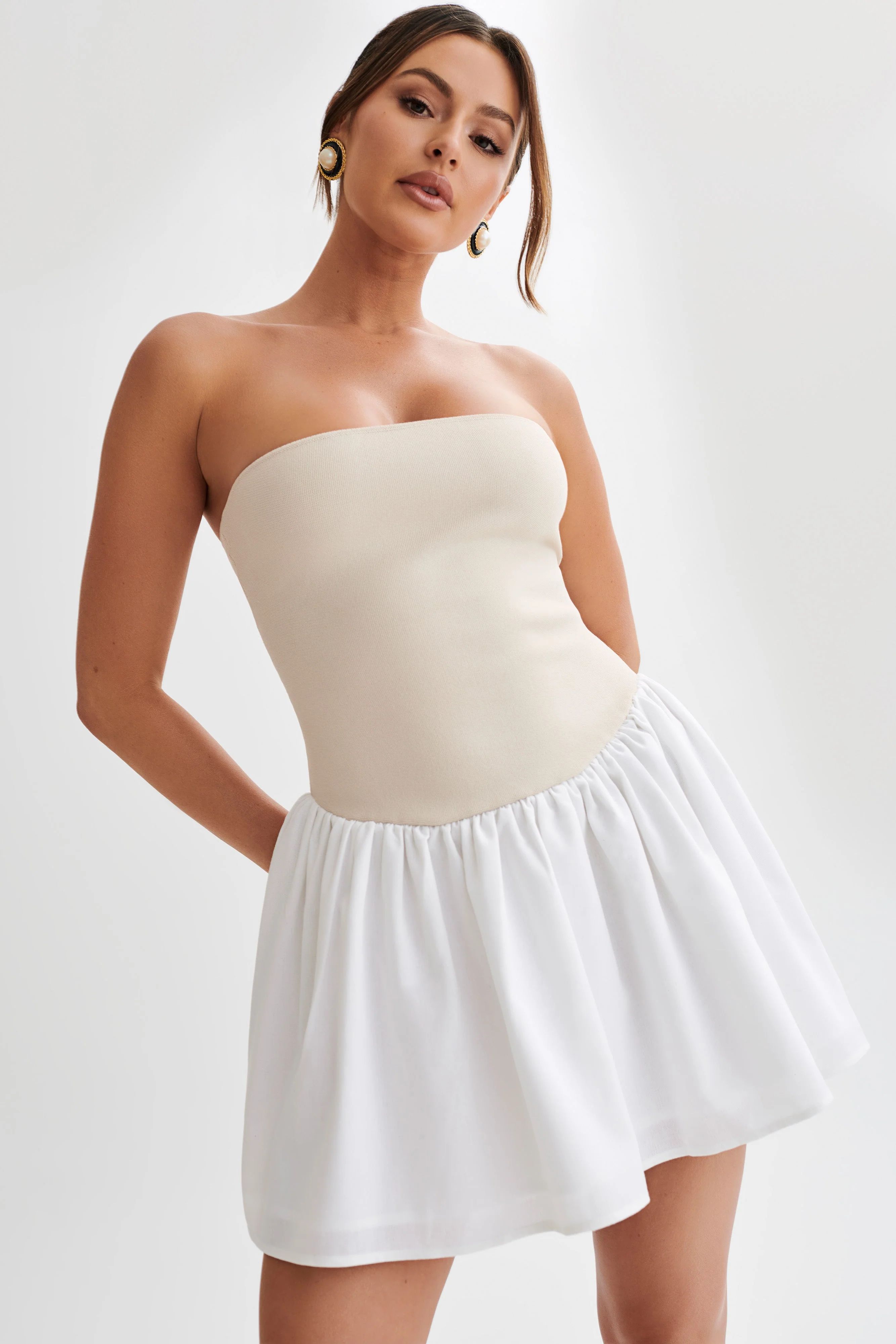 Hannah Knit And Linen Mini Dress - Natural/White | MESHKI US