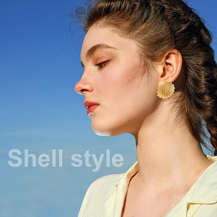Gold Large Textured Stud Earrings for Women Trendy Vintage Statement Shell Earrings Ocean Beach J... | Amazon (US)