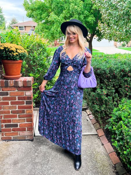 Dark floral print cut out maxi dress from Amazon Fashion - purple ruched handle bag from JW Pei - fall fashion - fall outfits  - Thanksgiving outfits - Amazon Finds 

#LTKSeasonal #LTKitbag #LTKunder50