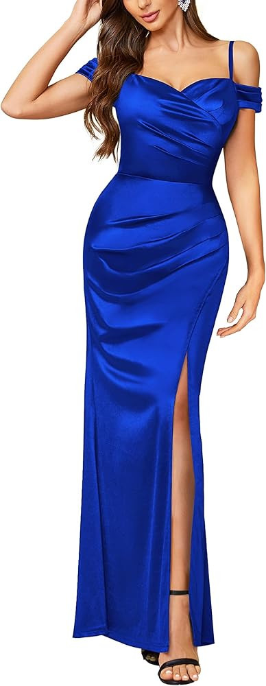 Miusol Women's Sexy Off Shoulder Satin High Split Ruched Style Evening Party Maxi Dress | Amazon (US)