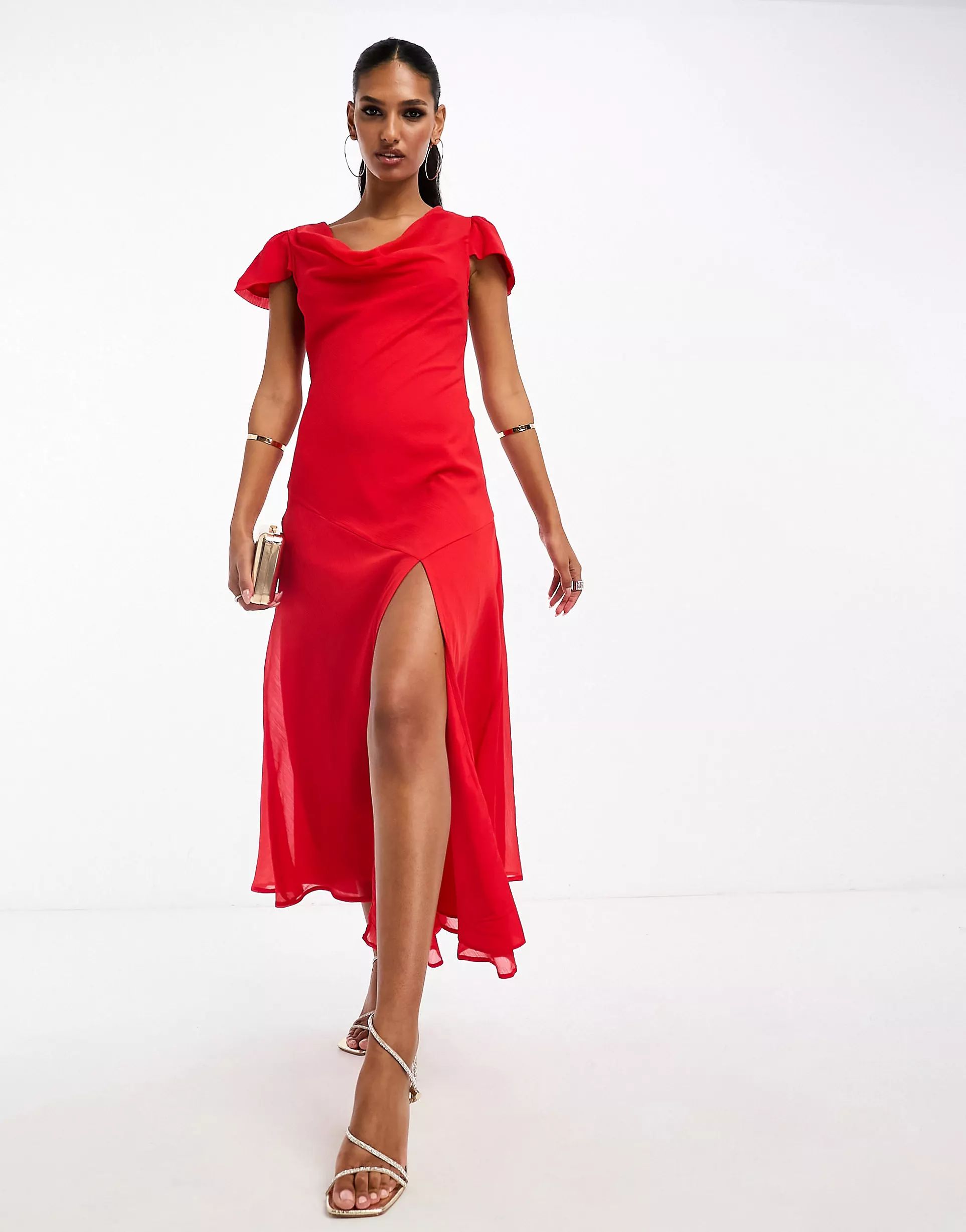 ASOS DESIGN chiffon cowl neck midi dress with puff sleeves and asymmetric hem in red | ASOS (Global)