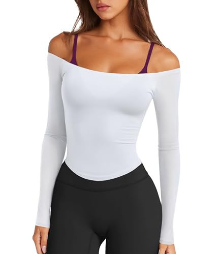 LASLULU Womens Summer Off Shoulder Tops White Long Sleeve Shirts Sexy Y2K Going Out Fall Spring Fashion Clothes 2025(White Large) | Amazon (US)