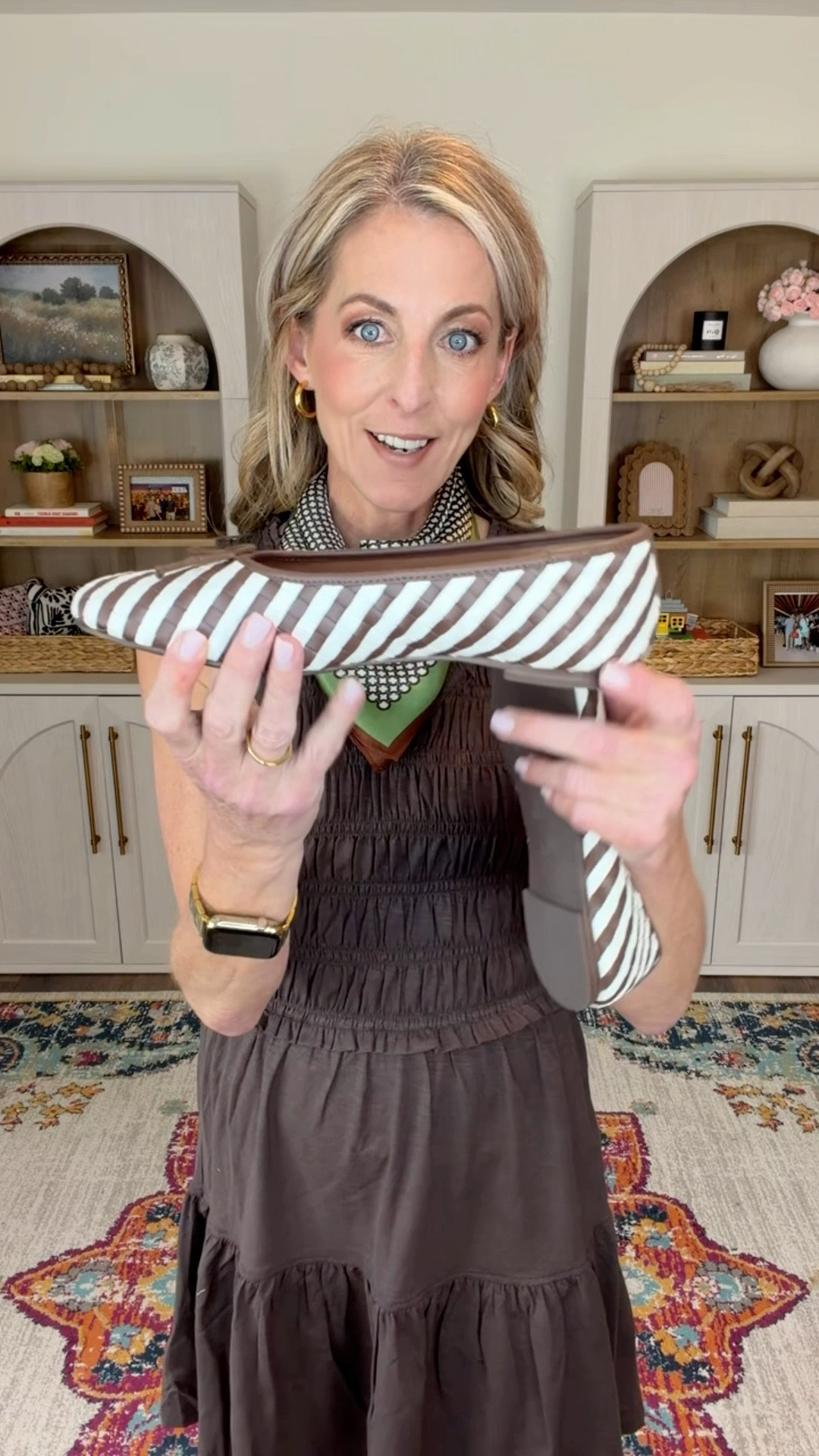 Under $20 new Walmart arrival cute dress that I added these Fun brown and white striped flats and Amazon scarf  