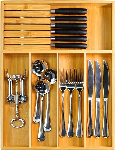 Amazon.com - Bamboo Silverware Organizer, Utensil Holder for Drawer, Wooden Cutlery Tray with Div... | Amazon (US)