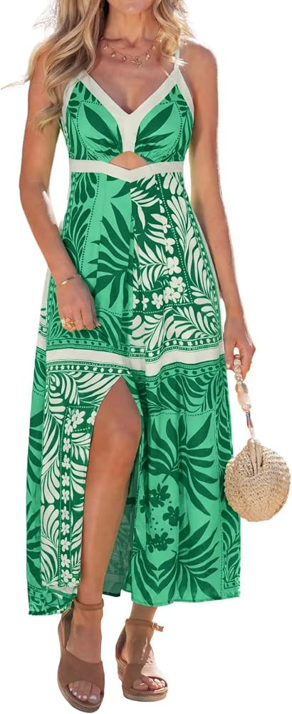 popvil Summer Maxi Dresses for Women 2026 Spaghetti Strap V Neck Cut Out Slit Boho Beach Vacation... | Amazon (US)