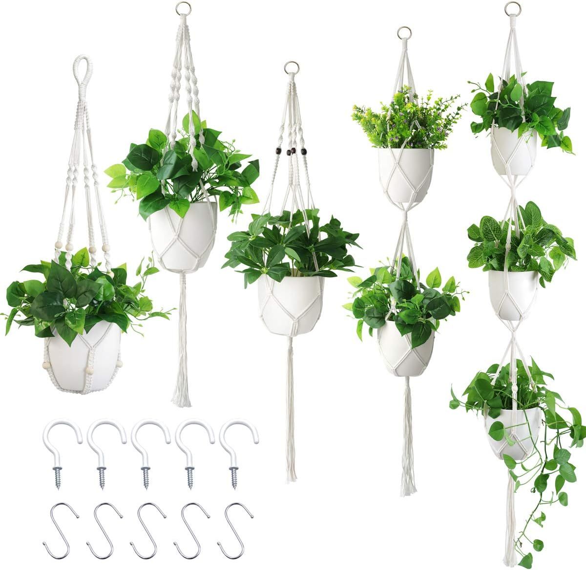 Macrame Plant Hangers, HOSCAPE 5 Pack Hanging Planter with 5 Hooks, Different Tiers, Handmade Han... | Amazon (US)