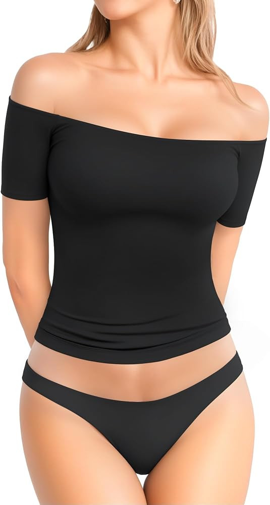 MANGOPOP Off The Shoulder Tops for Women Sexy Short Sleeve T Shirt Slim Fitted Tee Going Out Tops | Amazon (US)