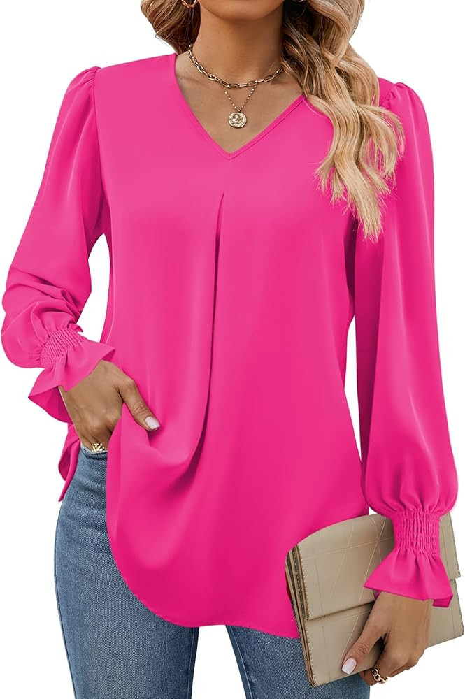 Funlingo Women's 2025 Long Sleeve Tops Dressy Casual V Neck Tunic Shirts Loose Chiffon Work Blous... | Amazon (US)