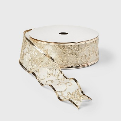 2" Sheer Glitter Poinsettia Christmas Ribbon White & Gold 100ft - Wondershop™ | Target