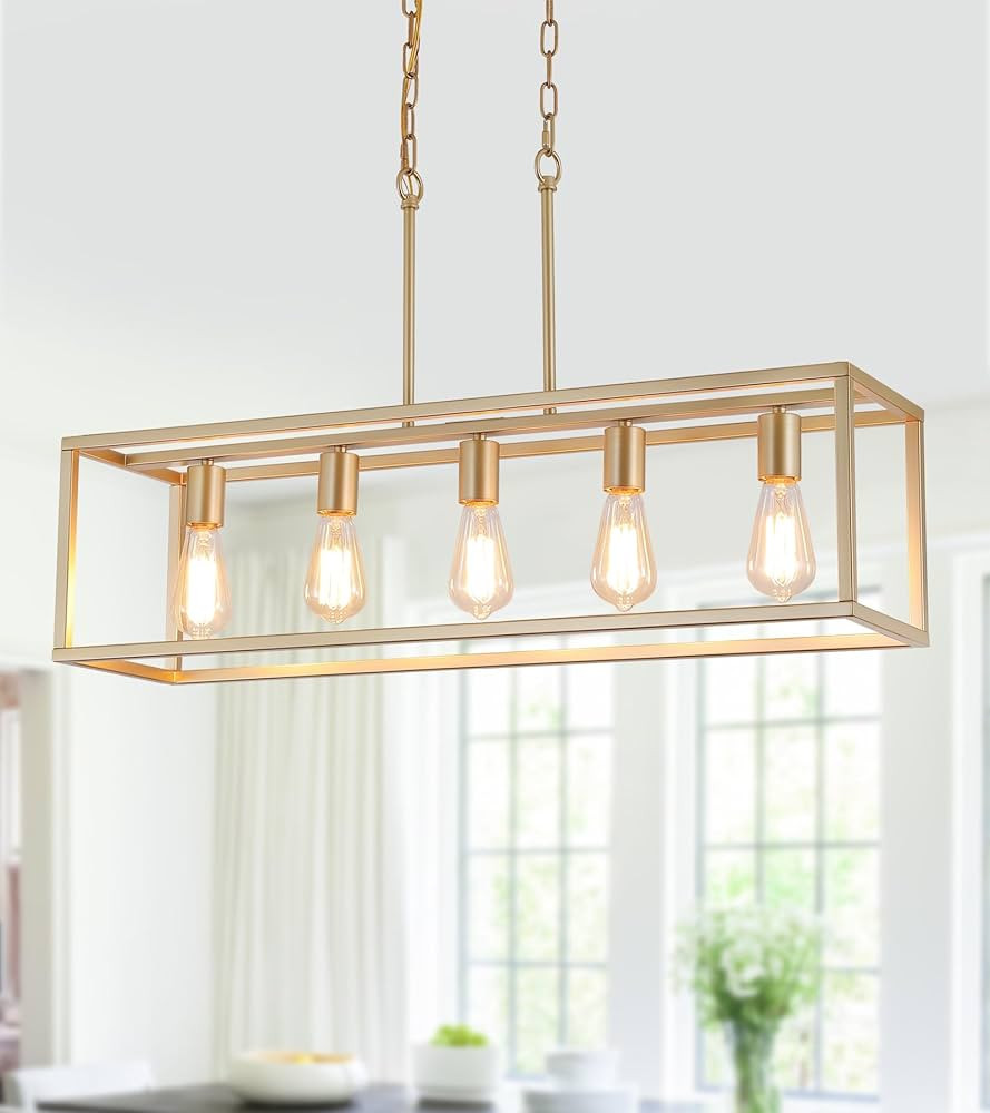AMZASA Gold Rectangle Kitchen Island Lights Rectangular Modern Industrial Chandelier for Dining R... | Amazon (US)