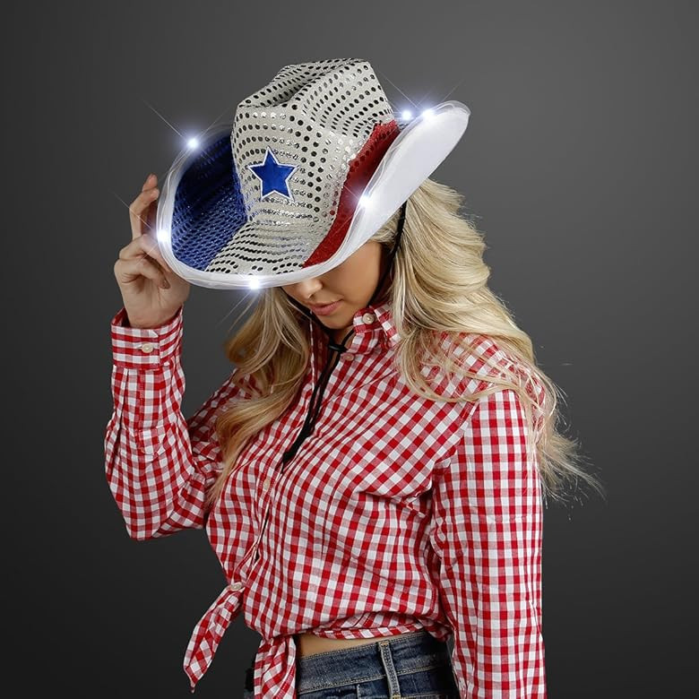 Red White and Blue Sequin Light Up LED Cowboy Hat with White LED Brim | Amazon (US)