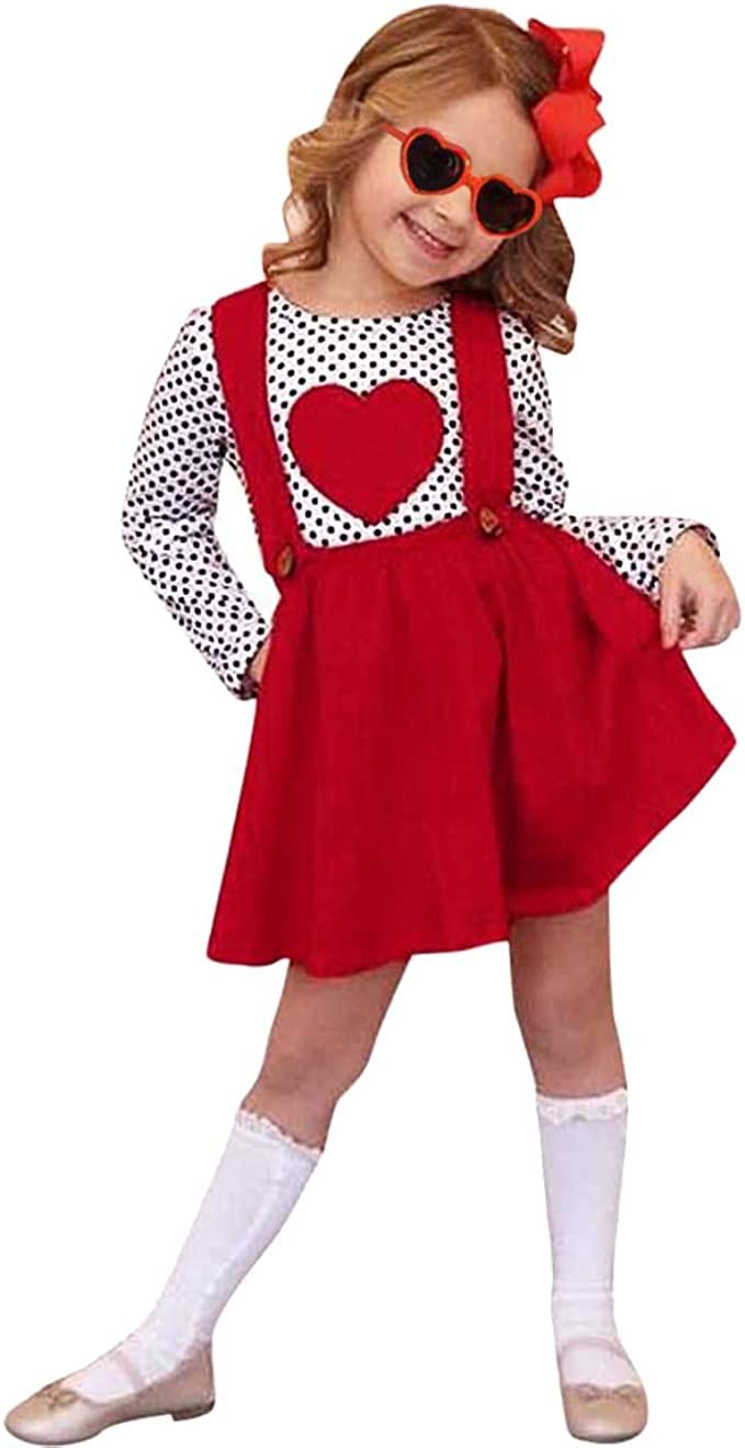 Toddler Baby Girls Valentine's Day Outfits Long Sleeve Dot Heart Shirt Top Red Suspender Skirt Cl... | Amazon (US)