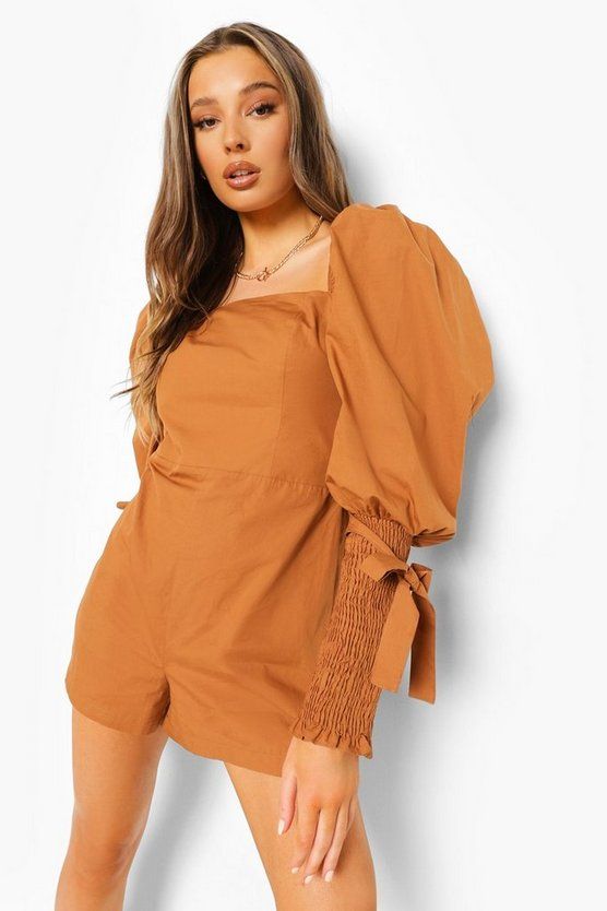 Cotton Tie Cuff Puff Sleeve Romper | Boohoo.com (US & CA)