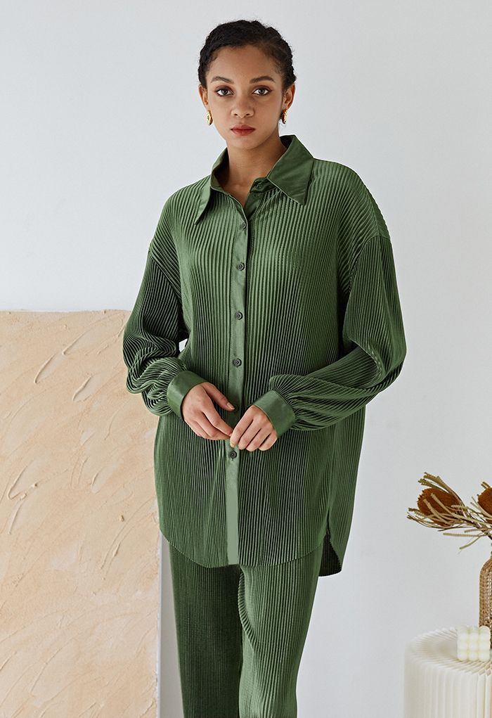 Full Pleated Plisse Shirt and Pants Set in Army Green | Chicwish