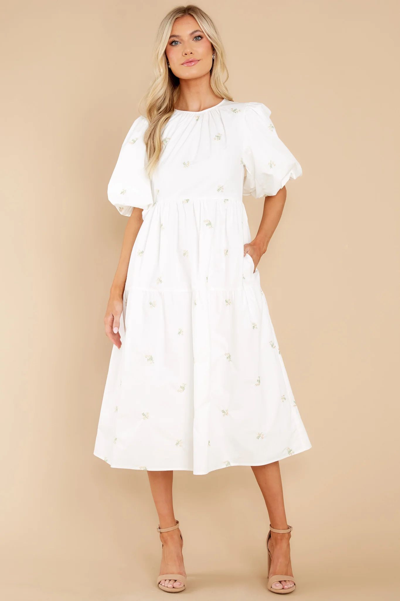 Lighthearted Day White Floral Embroidered Midi Dress | Red Dress 