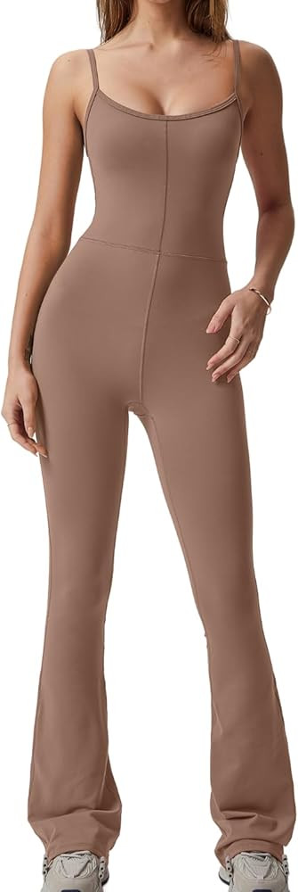 QINSEN Flare Jumpsuits for Women Spaghetti Straps Scoop Neck Bodycon Full Length Casual Unitard P... | Amazon (US)