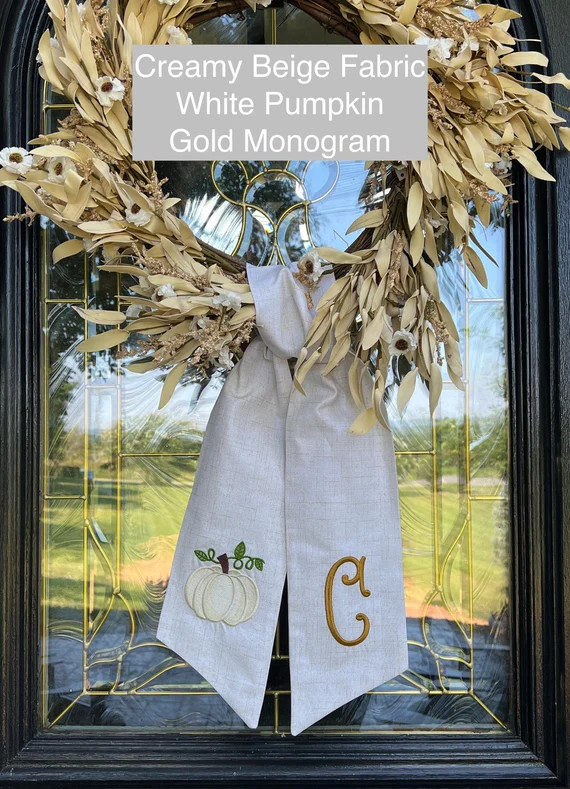 Fall White Pumpkin Wreath Sash Monogram Wreath Bow Front Door - Etsy | Etsy (US)