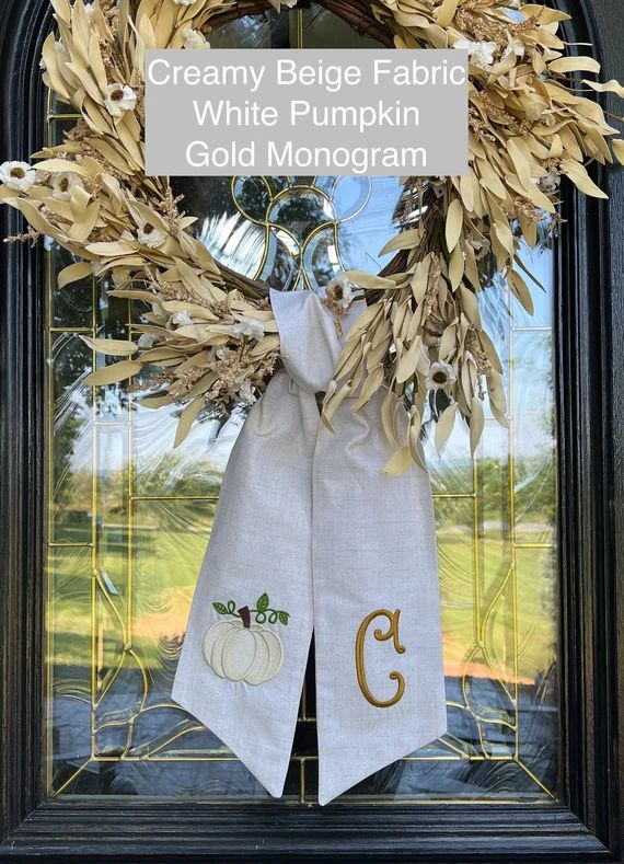 Fall White Pumpkin Wreath Sash, Monogram Wreath Bow Front door | Etsy (US)