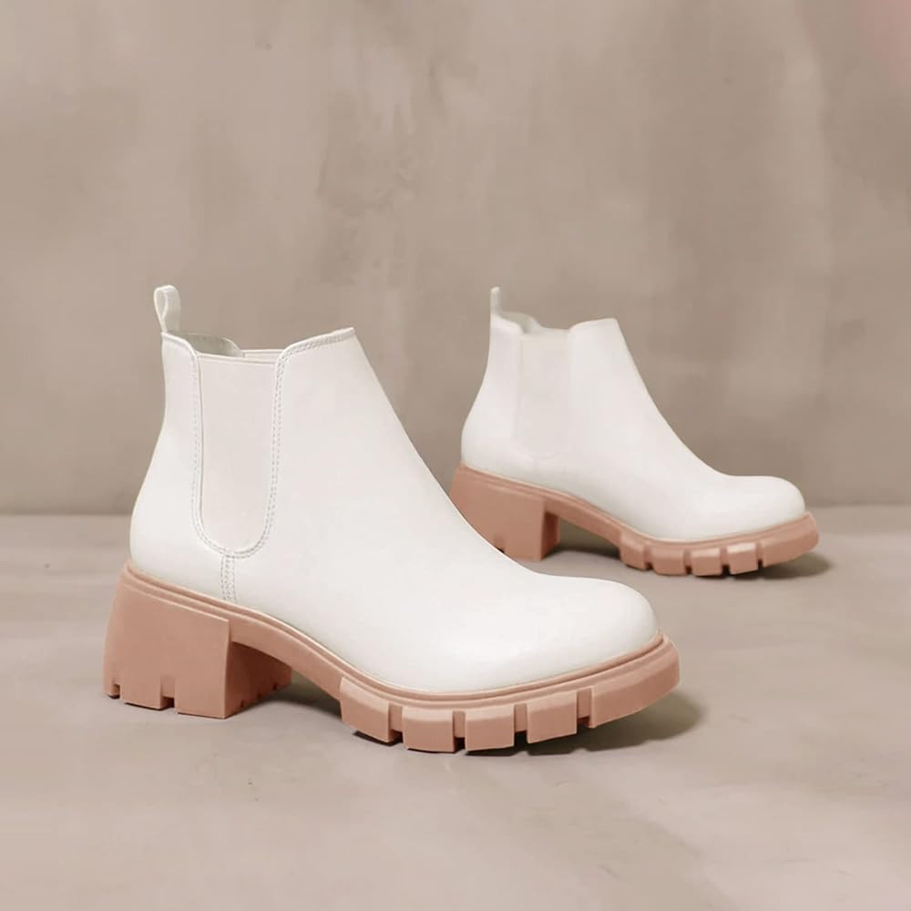 Womens Lug Sole Platform Ankle Booties Chelsea Slip on Chunky Block Heel Leather Combat Boots | Amazon (US)