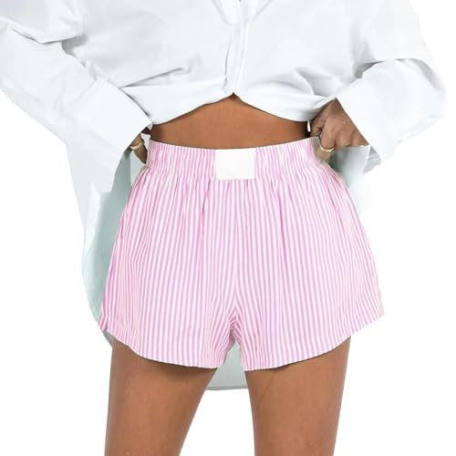 Women Stripe Boxer Shorts Elastic Waist Casual Lounge Shorts Cute Stripe Pajama Sleep Shorts Summer(Pink,L) | Amazon (US)