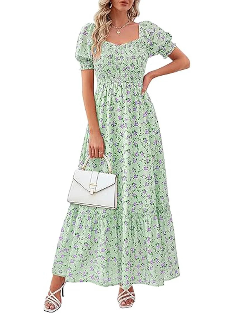PRETTYGARDEN Women's Floral Boho Maxi Dresses Flowy Short Sleeve A Line Smocked Eyelet Summer Bea... | Walmart (US)