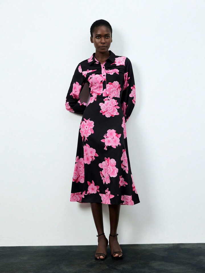Ladies' Flower Print Long Sleeve Shirt Dress | SHEIN