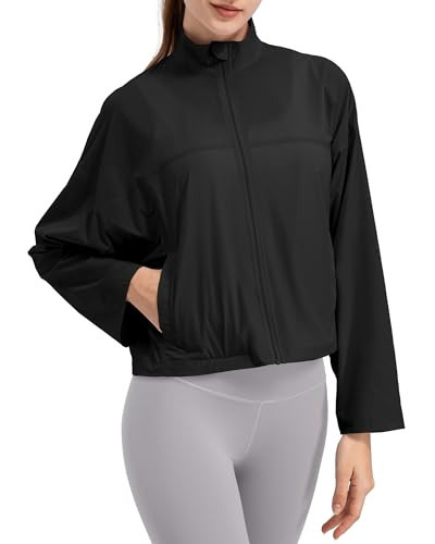 Locachy Women's Athletic Running Cropped Jacket Stand Collar Zip Up Lightweight Gym Workout Tops UPF 50+ Sun Protection Shirt Black S | Amazon (US)