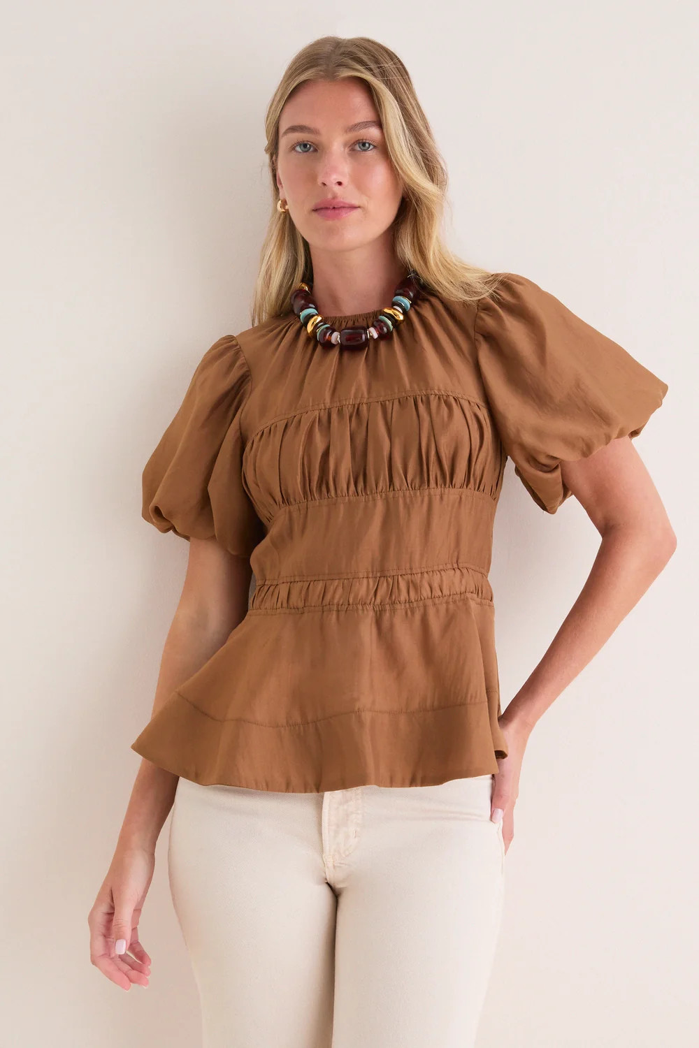 Camel Puff Sleeve Peplum Top | Tuckernuck (US)