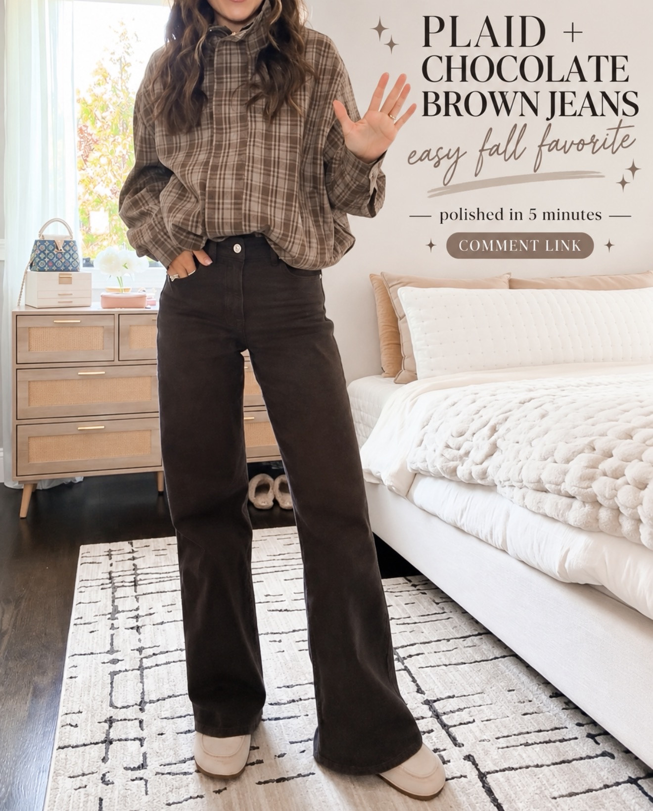 A plaid jacket with chocolate brown jeans and simple flats—comfortable, polished, and ready in five minutes. 
💬Comment LINK and I’ll send you the details!

#LTKootd #LTKSeasonal #LTKOver40