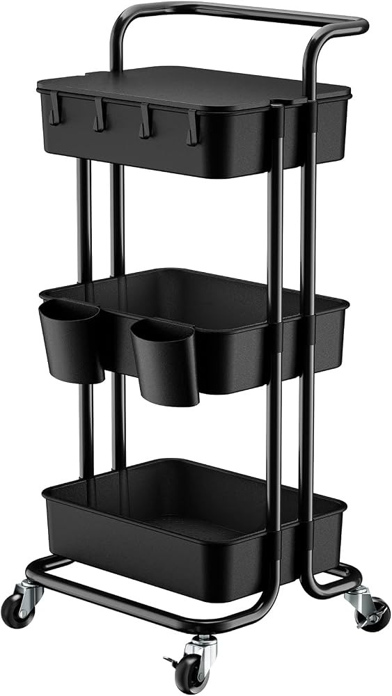Pipishell 3 Tier Rolling Cart with Table Top, Utility Cart with Wheels, 2 Hanging Cups & 4 Hooks,... | Amazon (US)