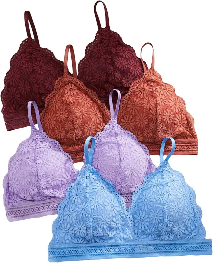 SOLY HUX Bras for Women 4 Piece Floral Lace Wireless Bra Everyday Bralette Set | Amazon (US)