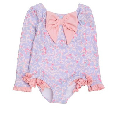 RuffleButts Girls UPF50+ Big Bow Ruffle Long Sleeve Rash Guard One Piece Swimsuit - Lavender Floral Princess, 5 | Target
