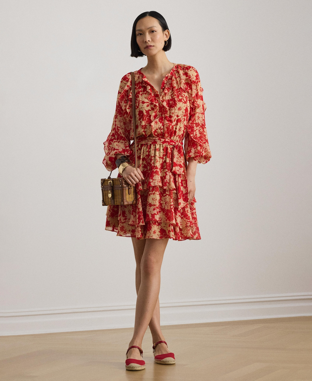 Lauren Ralph Lauren Women's Print Ruffle Trim Band Collar Tiered Dress - Red/Tan | Macy's