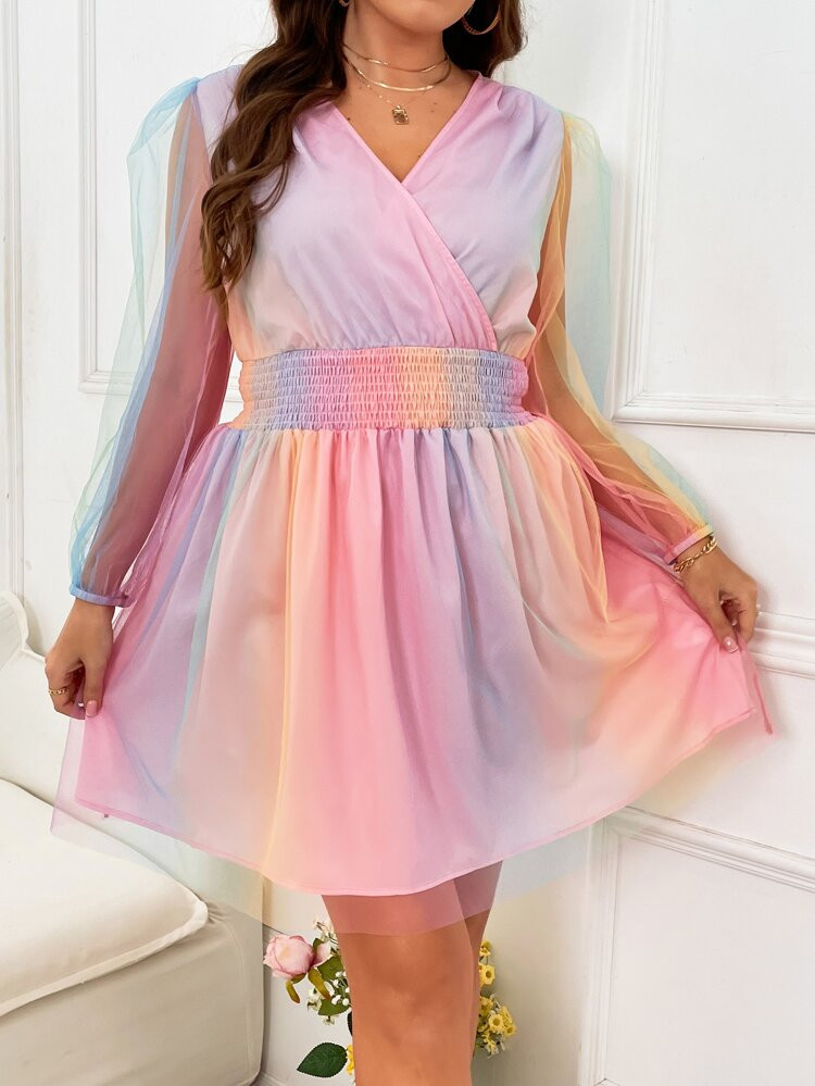 Plus Ombre Surplice Neck Lantern Sleeve Dress | SHEIN