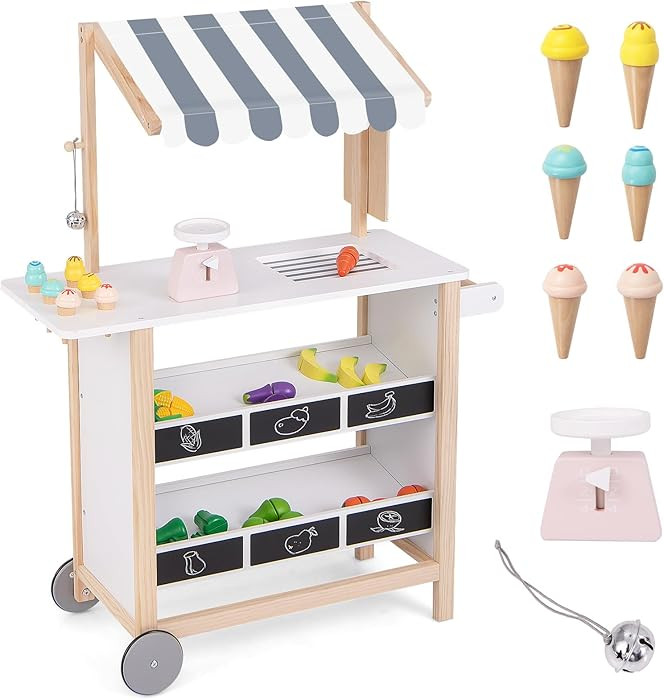 GLACER Ice Cream Cart for Kids - Wood Grocery Store Pretend Play with Making Counter, Produce Sca... | Amazon (US)