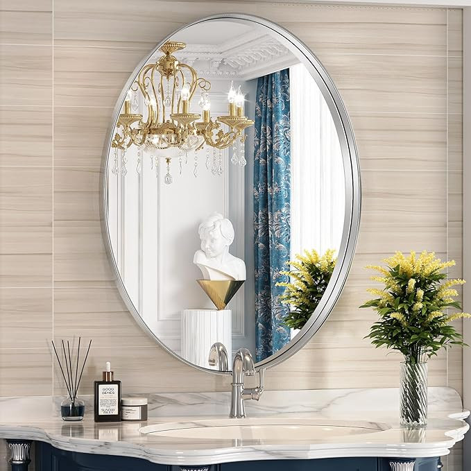 Brightify Silver Oval Mirror for Bathroom 22x30 Inch, Oval Vanity Mirror Silver Metal Frame, Mode... | Amazon (US)