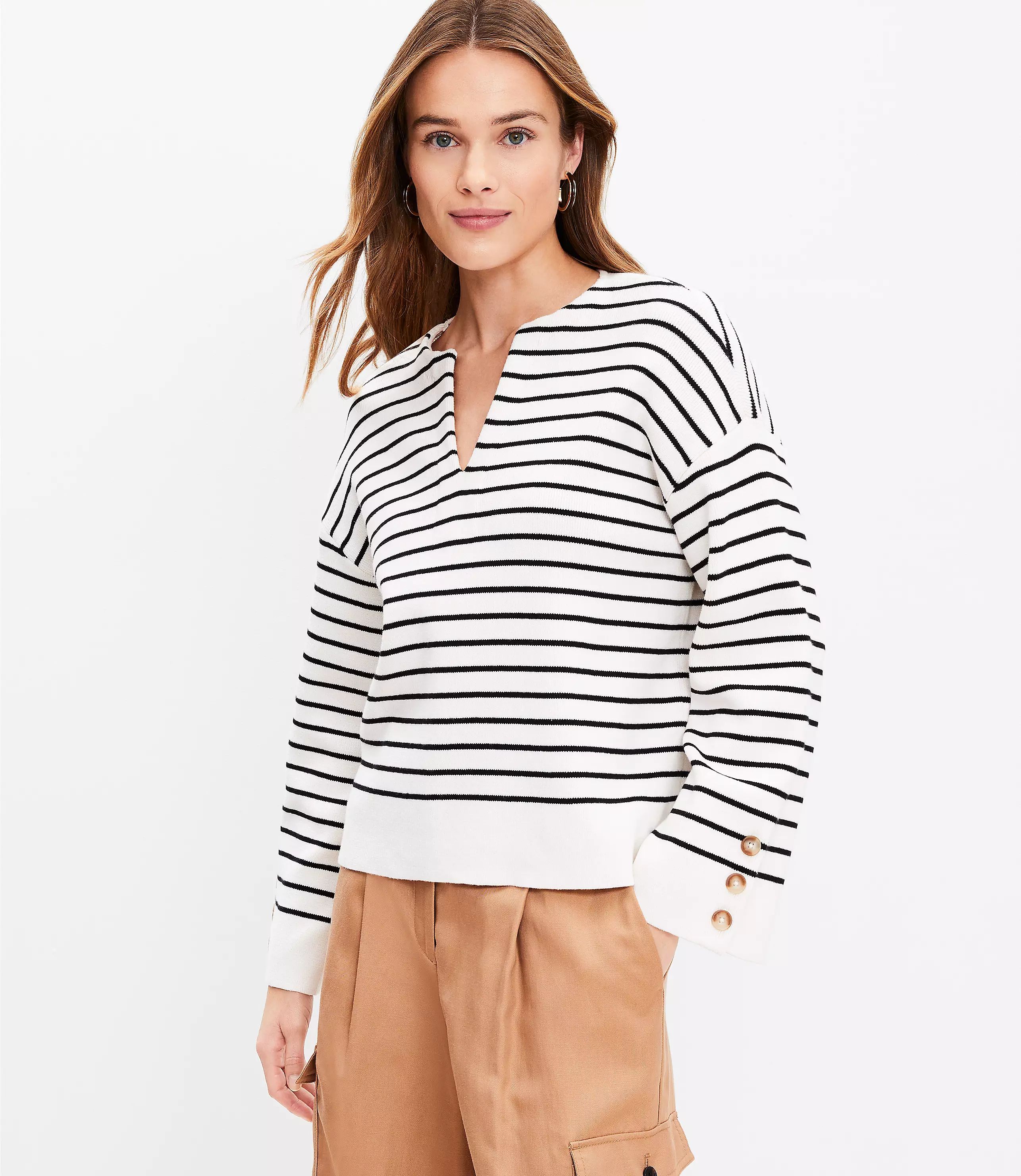 Striped Button Sleeve Split Neck Sweater | LOFT