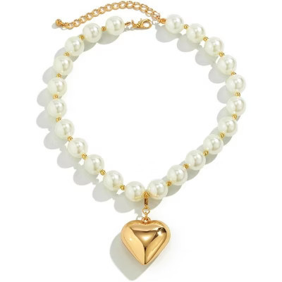 Summit Adventure Gold Chunky Heart Necklace Pearl Beads Choker Necklaces Y2k Necklace Trendy Jewelry Accessories Gifts | Target