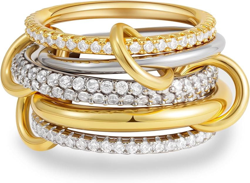 Gold Stackable Rings for Women, 14K Gold Plated Cubic Zirconia Rings, Silver Gold Multi Ring Mixe... | Amazon (US)