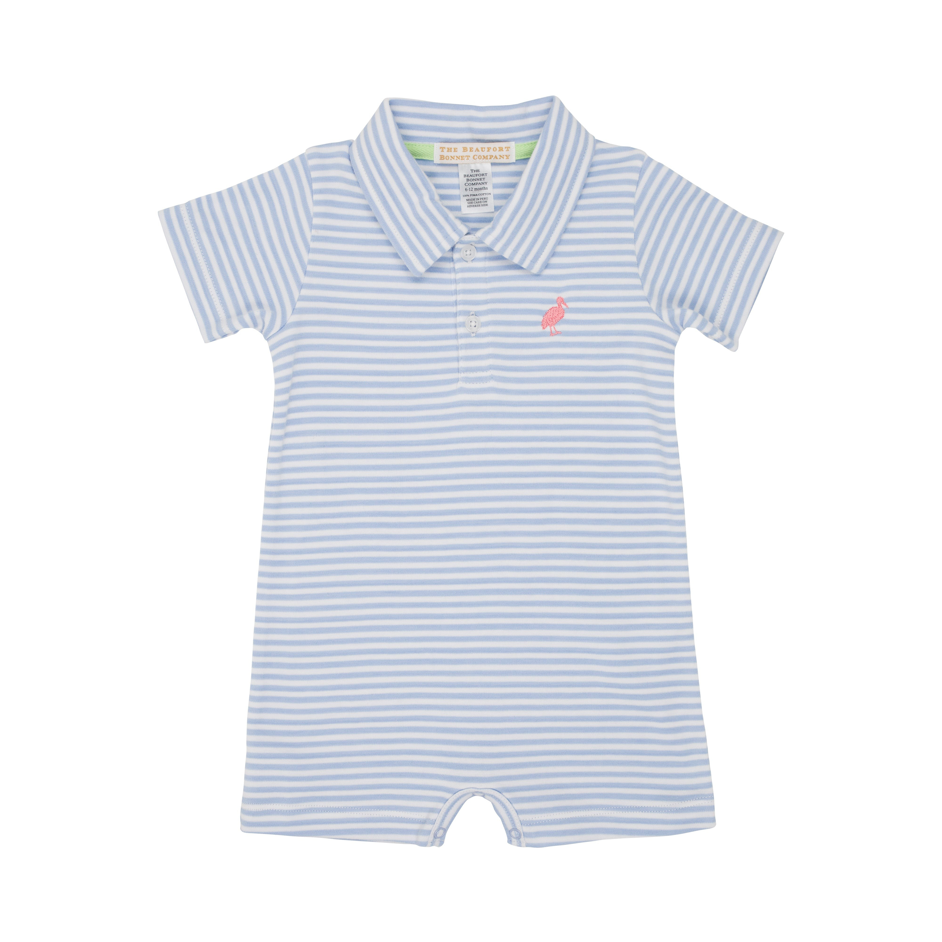 Sir Proper's Romper - Beale Street Blue Stripe with Parrot Cay Coral Stork | The Beaufort Bonnet Company