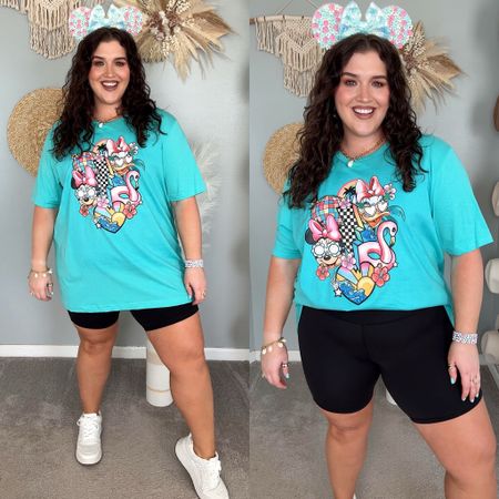 Disney themed amusement park outfit inspo Spring + Summer 🏰🐭🎆 Curvy approved Disney outfits. Oversized retro graphic tee + biker shorts.
Graphic T-shirts: 3X 
Black biker shorts: 1X 
Graphic tee color is Heather sea green.
Mickey ears are a small business on Etsy that are custom. Exact styles sold out, linking similar options from seller. 
#disneyoutfits

#LTKActive #LTKplussize #LTKstyletip