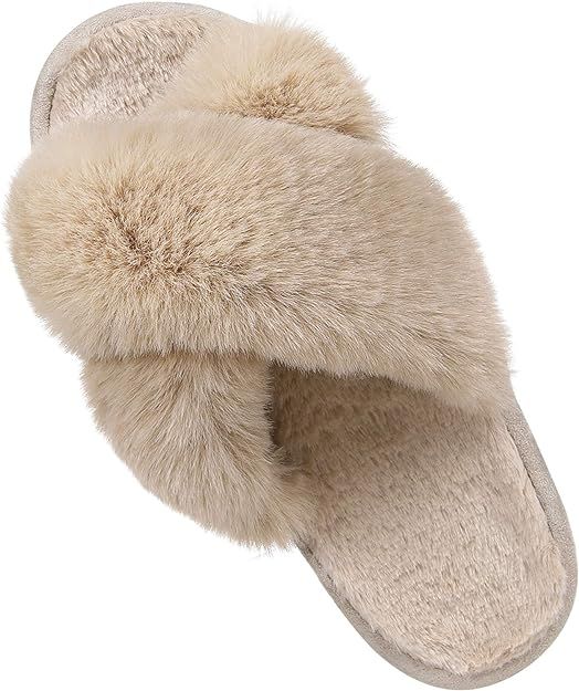 Amazon.com | Women's Soft Plush Lightweight House Slippers Fuzzy Cross Band Slip on Open Toe Cozy... | Amazon (US)