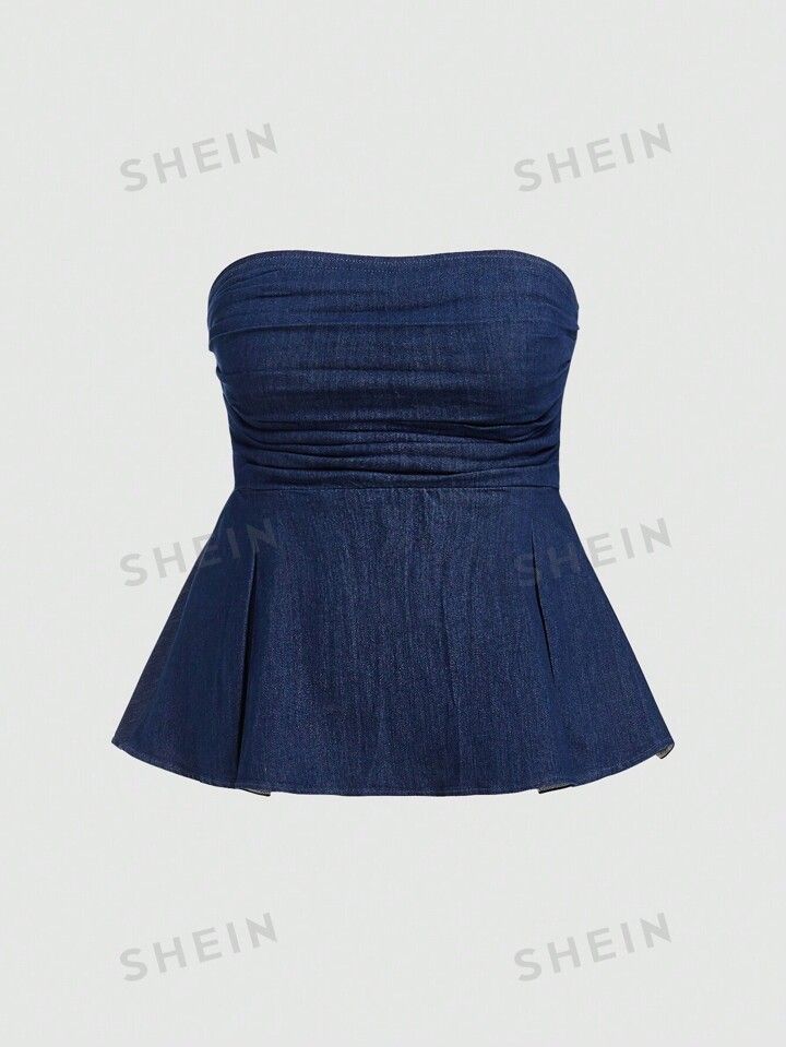 SHEIN Privé Women's Plus Size Ruched Strapless Denim Top | SHEIN