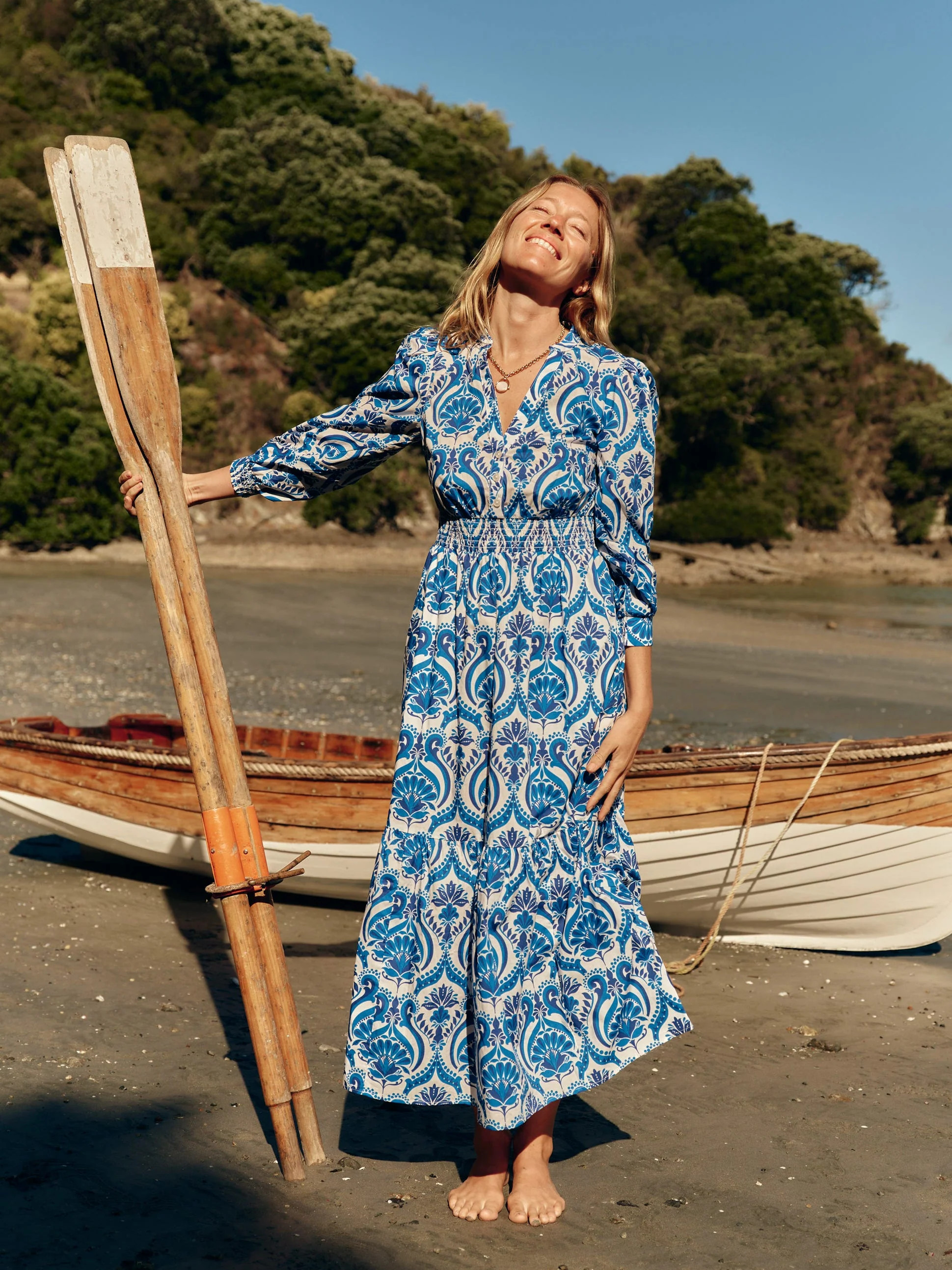 Elena Tiered Cotton Midi Dress-Blue, Ornamental Floral | Boden UK