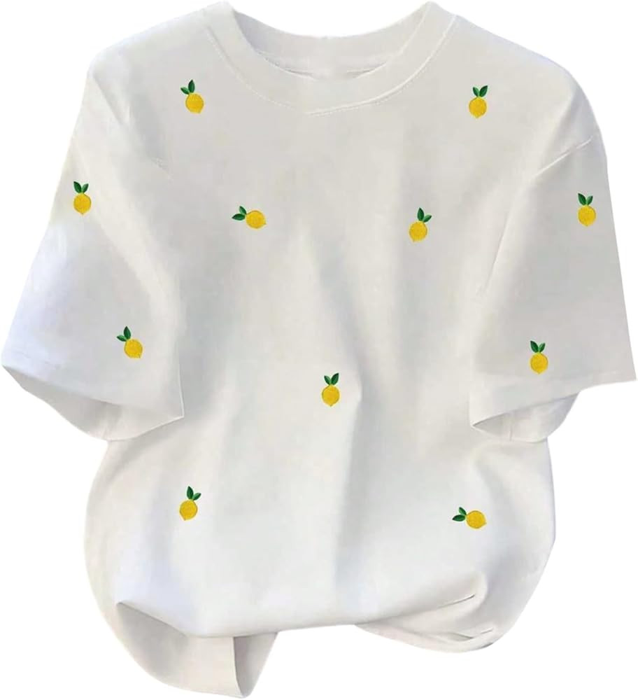 RoseSeek Women's Lemon Print Cute Tops Crew Neck Short Sleeve T Shirts Casual Summer Tops | Amazon (US)