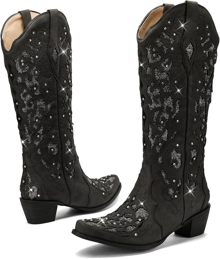 LingxiaUne Cowboy Boots for Women, Mid Calf Cowgirl Boot Rhinestone, Comfortable Chunky Heel West... | Amazon (US)