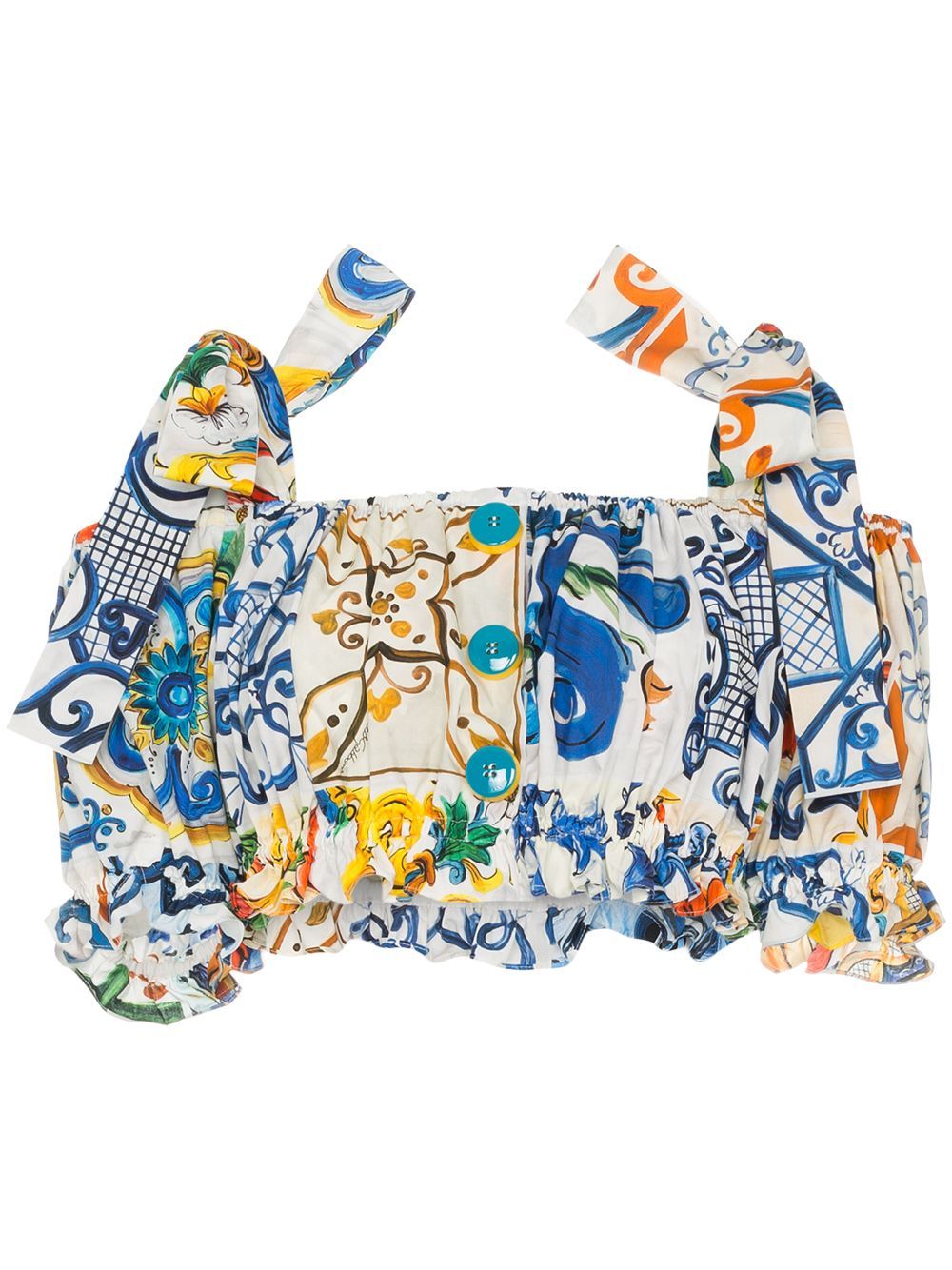 Dolce & Gabbana cold-shoulder majolica print ruffle cotton cropped | FarFetch Global
