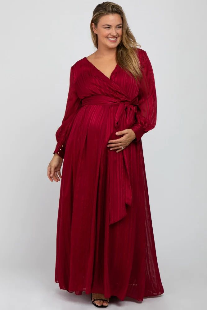Burgundy Metallic Striped Chiffon Maternity Plus Maxi Dress | PinkBlush Maternity